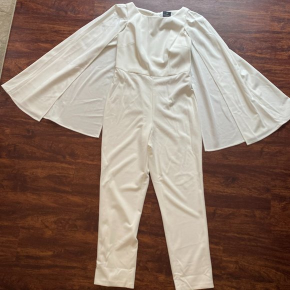 Adrianna Papell Pants - White Adrianna Papell Wedding Jumpsuit with Cape